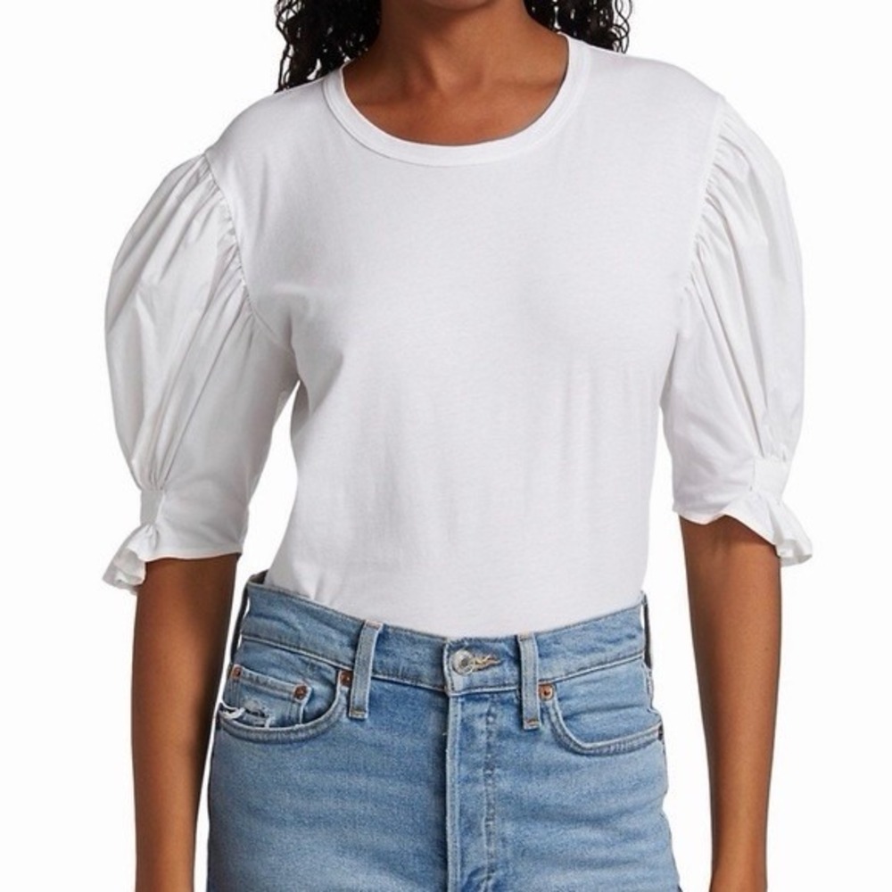 AL.C. PUFF SLEEVE MIXED MEDIA T-SHIRT White 100% Cotton Women's Sz M